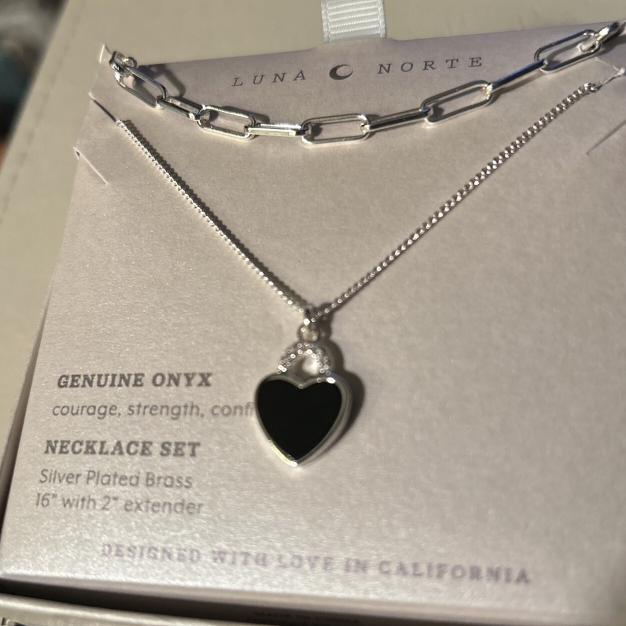 Luna Norte .925 SS Plated Brass Necklace Set~genuine Black Onyx Heart 16+2 New!