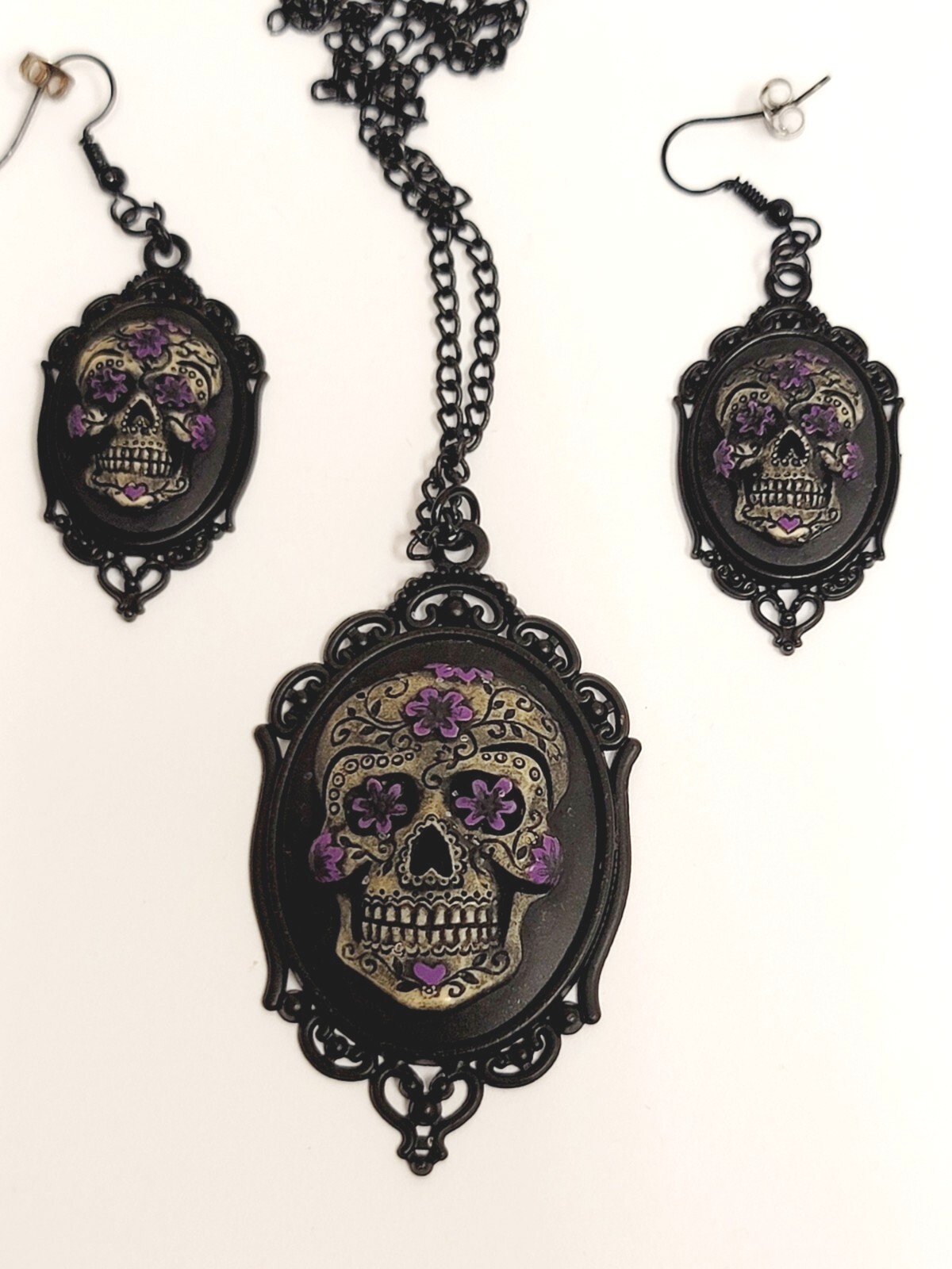 Day Of The Dead Sugar Skull Black & Purple Necklace & Earrings Goth