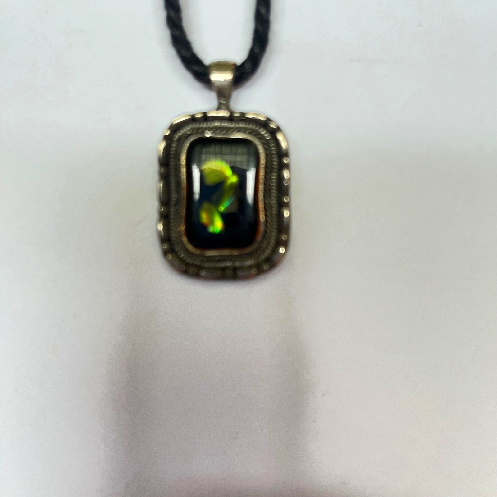 Ammolite Pendant Necklace Rectangle Silver Tone Green Black Cord Chain