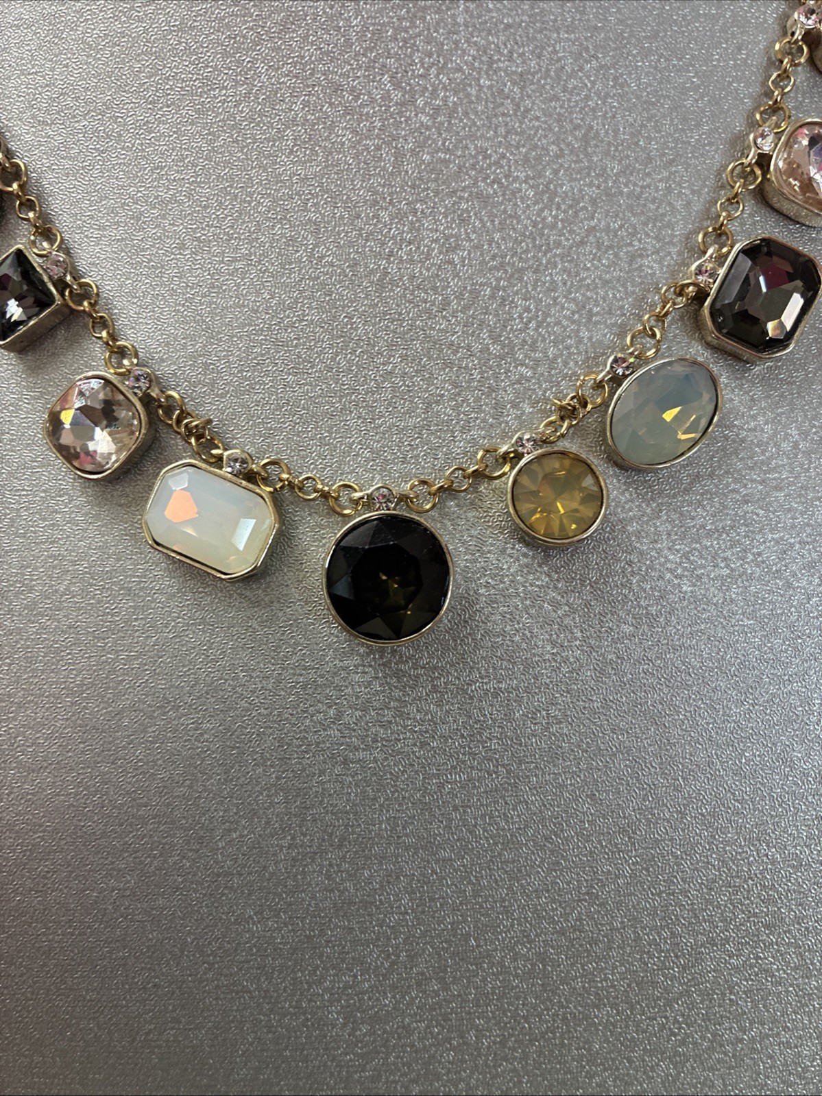 New Gold Tone & Multicolor Glass Rhinestone Necklace 18”+ Very Good Condition