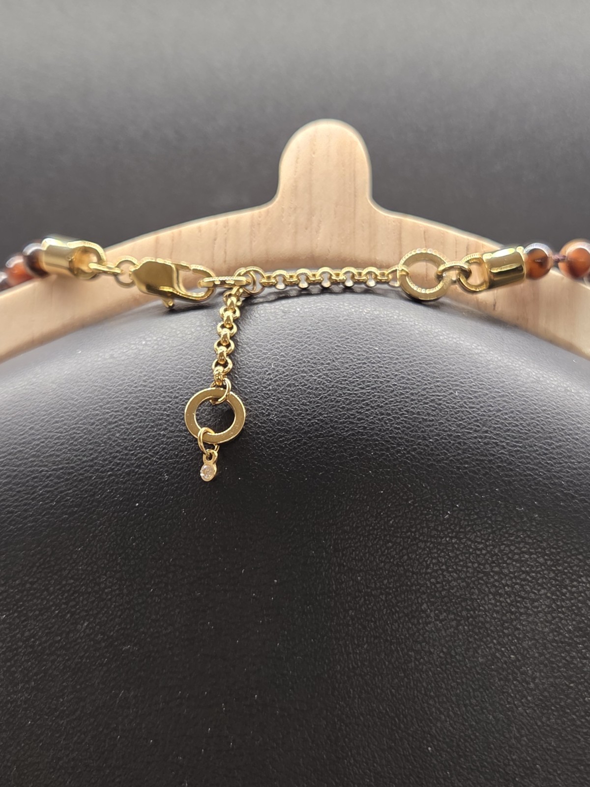 BaubleBar Tiger’s Eye Beaded Necklace Gold Tone Pavé Horn Crescent Pendant 18″