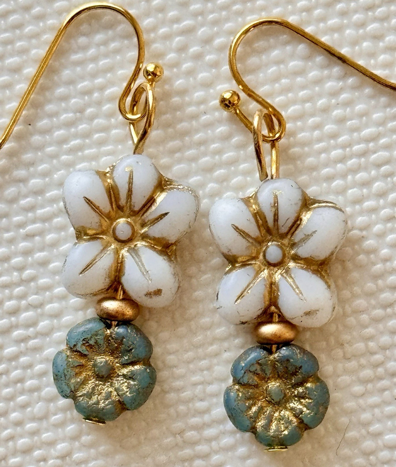 Gold, Ivory and Blue Hibiscus Flower Picasso Bead Earrings. Boho Chic. Bloom.