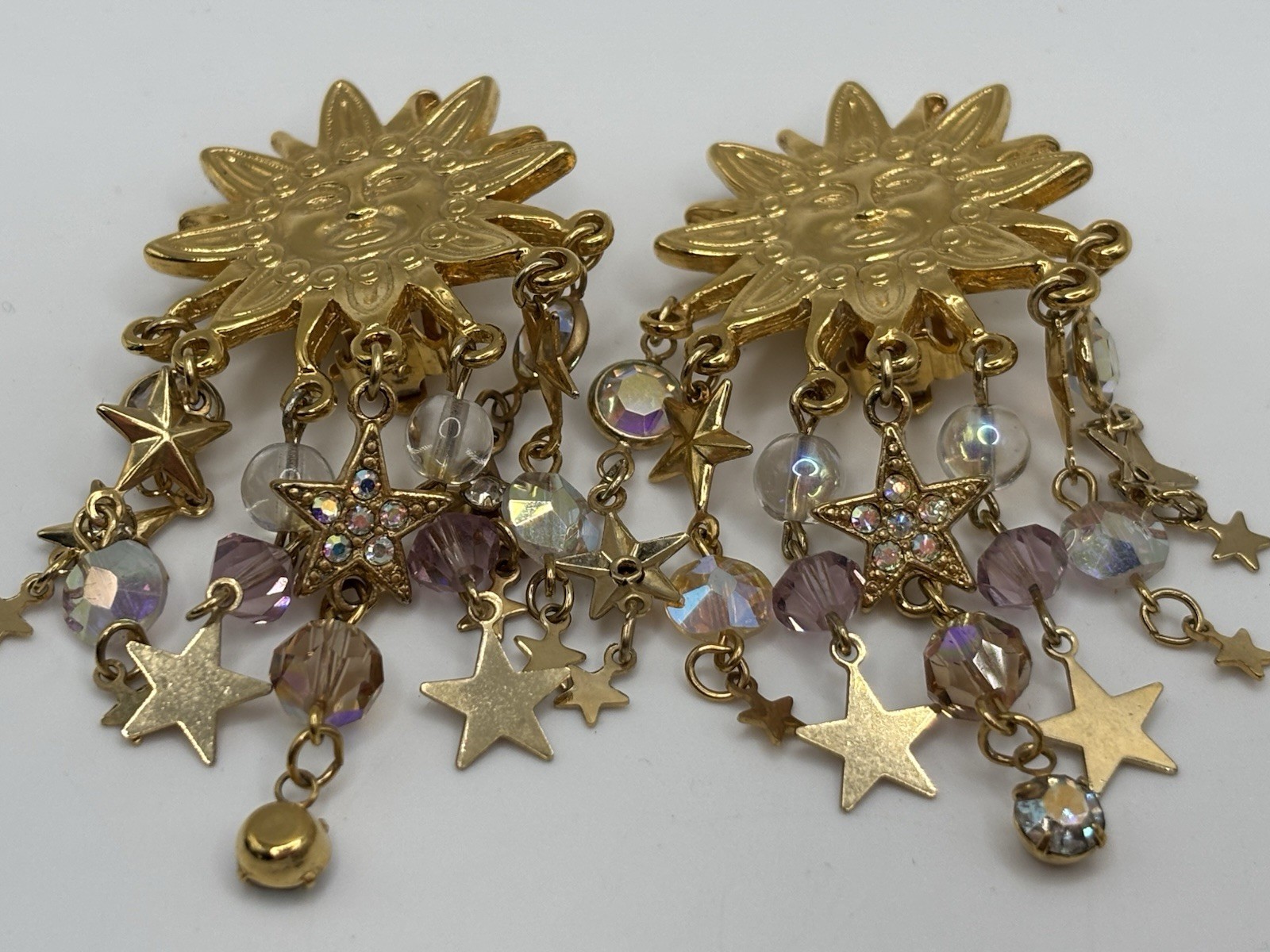 Kirks Folly Clip-On Celestial Sun Stars Vintage Dangle Gold Tone Earrings 3″