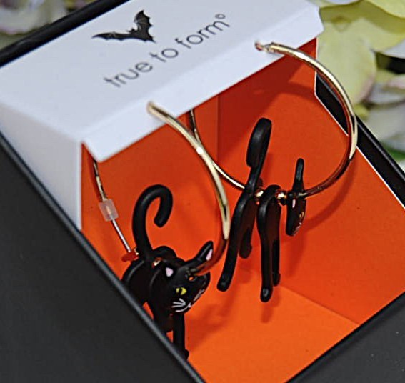 NEW IN BOX True To Form Black Cat Dangle Hoop Earrings Halloween