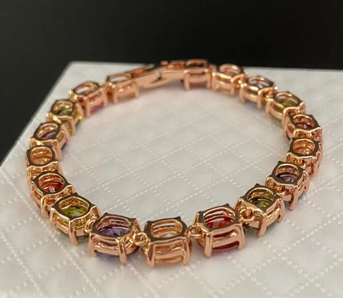 27 CTW Multicolor Gemstone Tennis Bracelet 18K Rose Gold Plated Women Jewelry