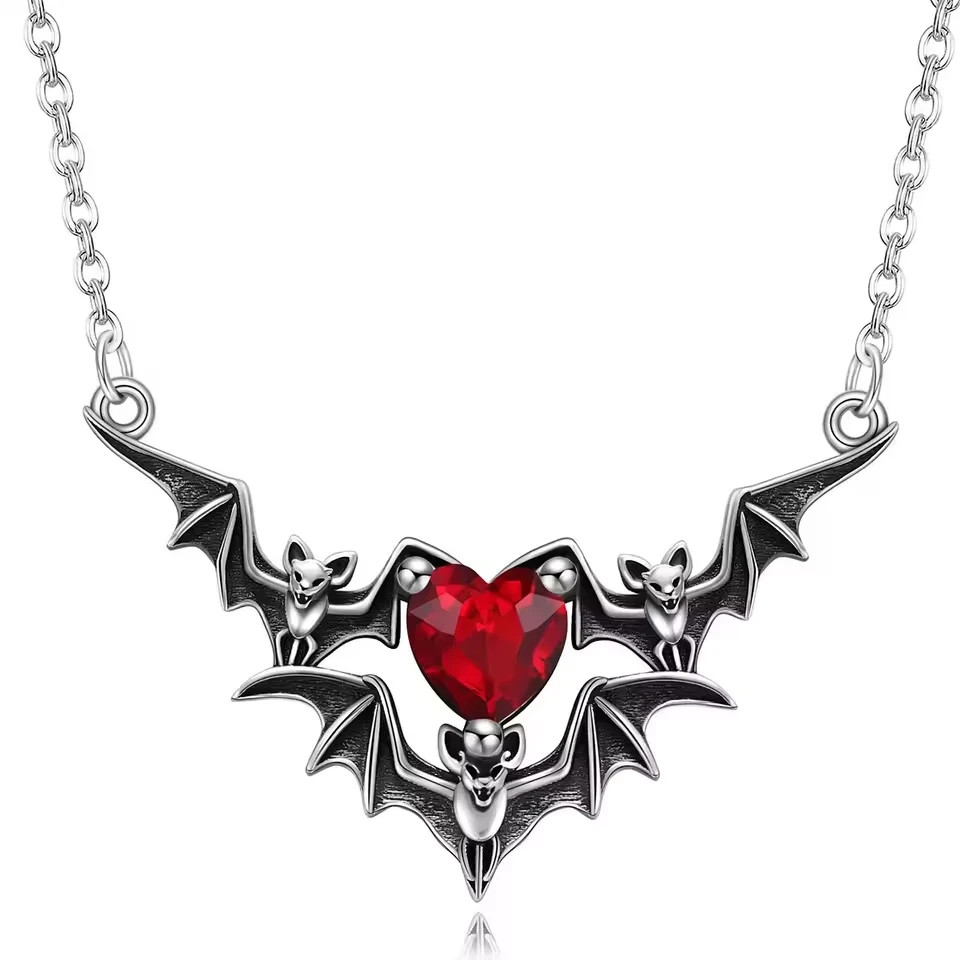 Gothic Bat Wings Skeleton Hand Heart Pendant Necklace Punk Halloween Jewelry