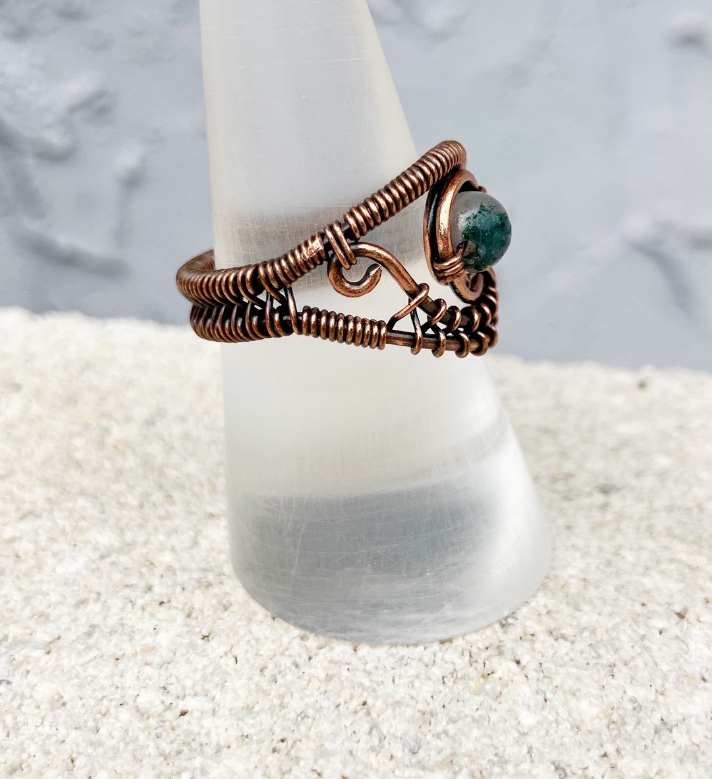 Quartz Crystal Copper Wire Wrapped Ring Size 8.5 Handmade Round Stone Moss Agate