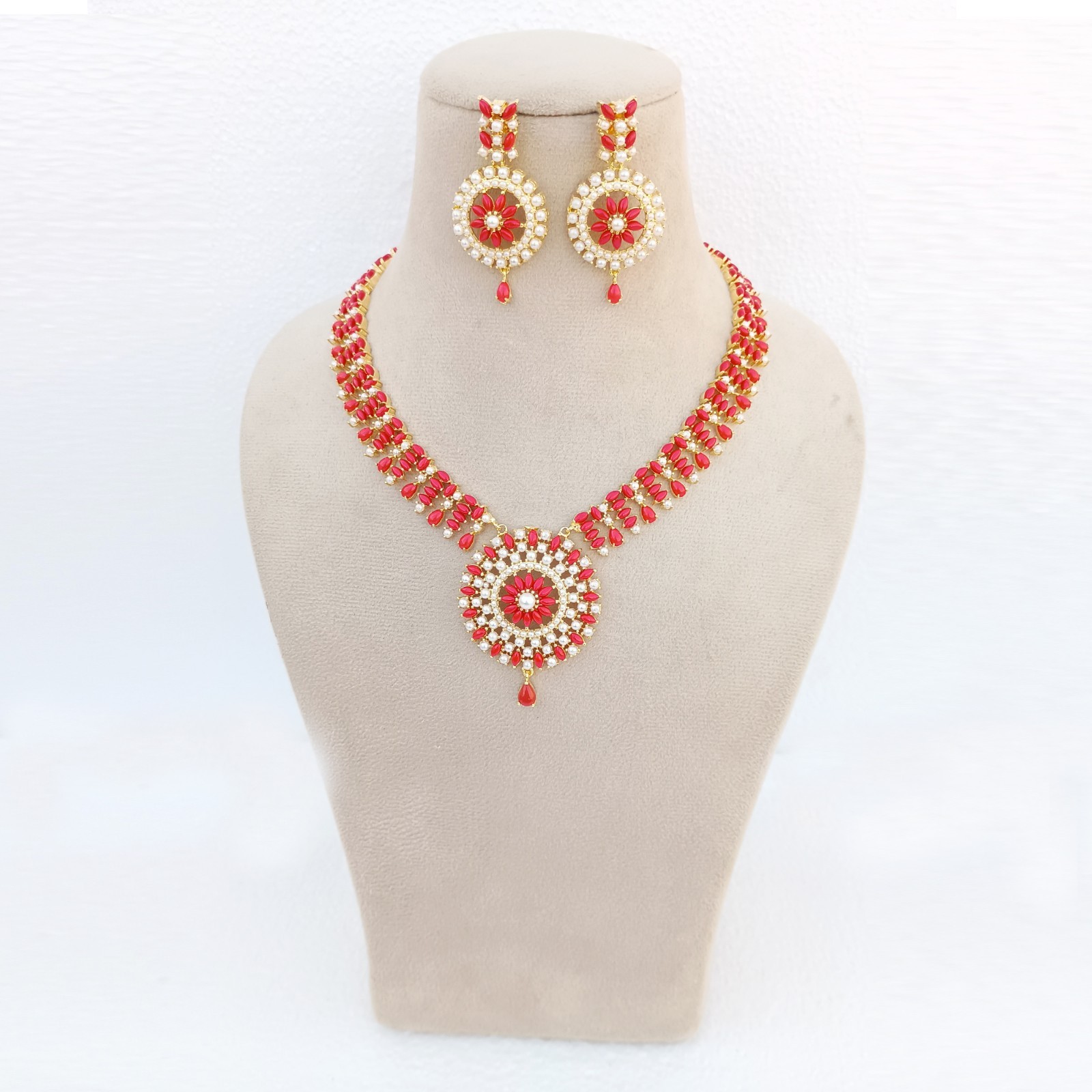 Bridal Long Coral Pearl Necklace Set 22K Gold Plated Luxury Anniversary Jewelry