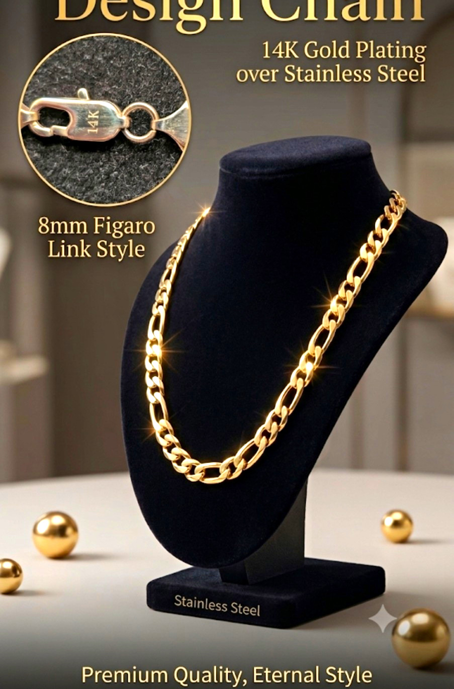 24″×8mm Figaro Link Chain Necklace 14K Gold Plated Stainless Steel Lobster Clasp