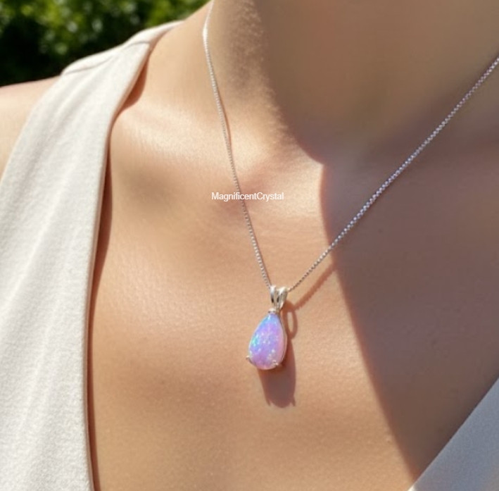 Dainty Opal Purple Pendant Teardrop Minimalist Opalite Necklace Women Jewelry
