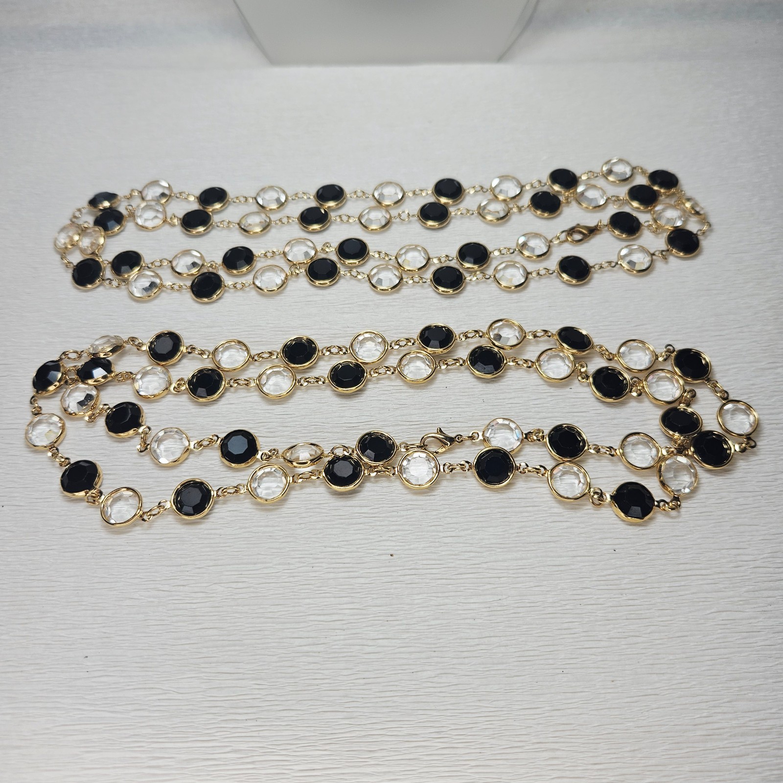 2 Bezel Set Open Back Crystal Necklaces Black Clear Gold 36″ Each 11mm Crystals