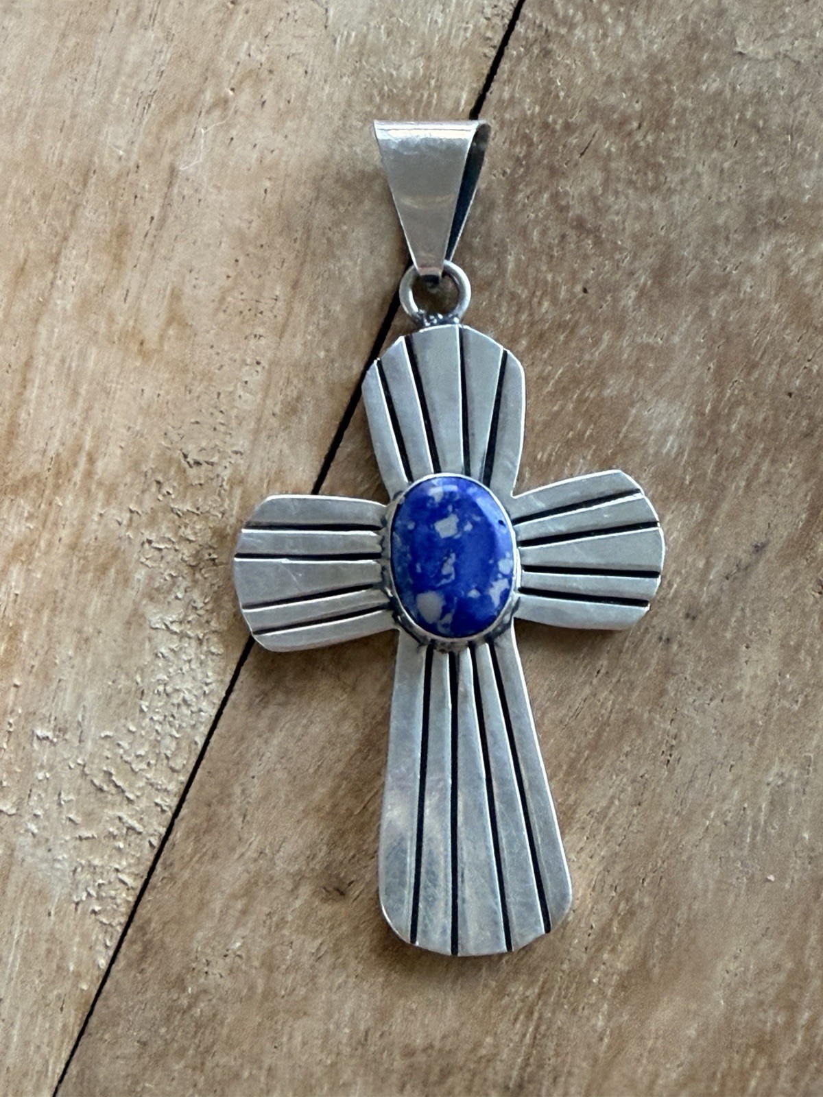925 Sterling Silver Cross Pendant Bezel Set Oval Lapis Blue Signed 17.6 grams