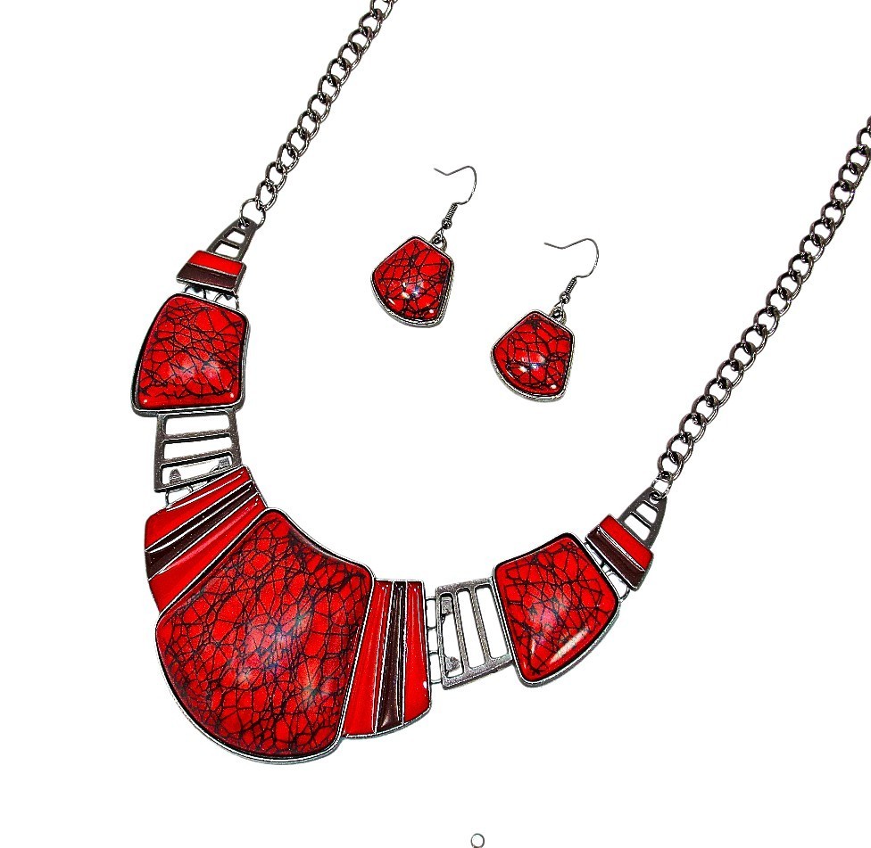 Red and black necklace and earring set, women’s large statement neck set New