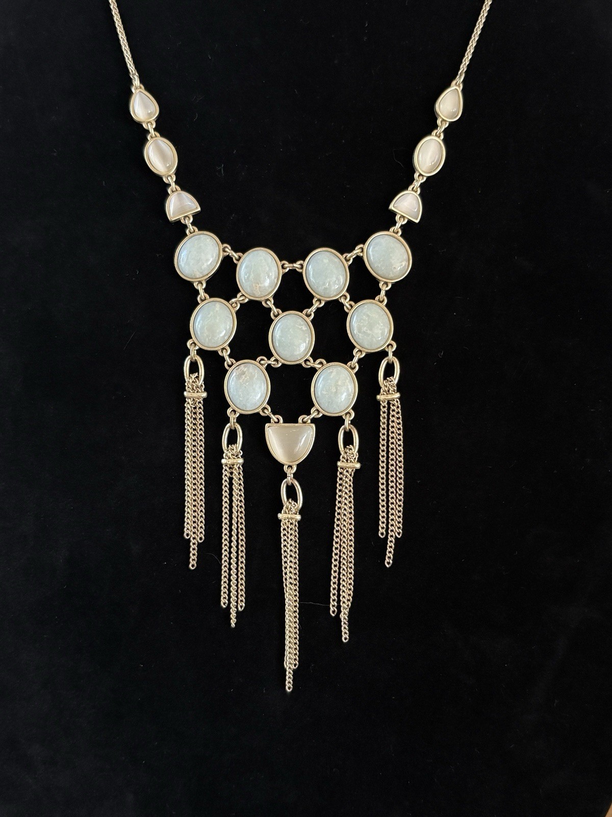 Lucky Brand Necklace Gold Tone Pale Blue Cabochon Statement Bib Pendant 15 in