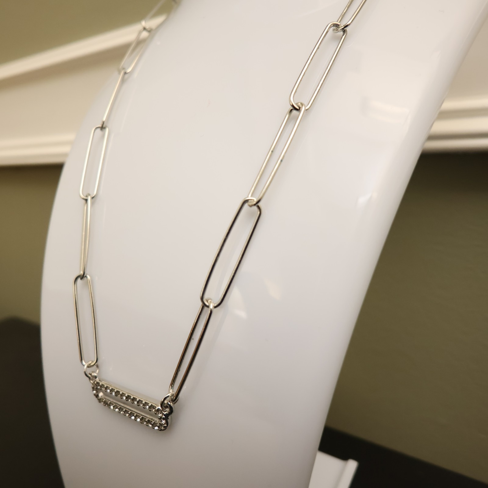 Marlyn Schiff necklace paperclip chain silvertone w crystals signed nickel free