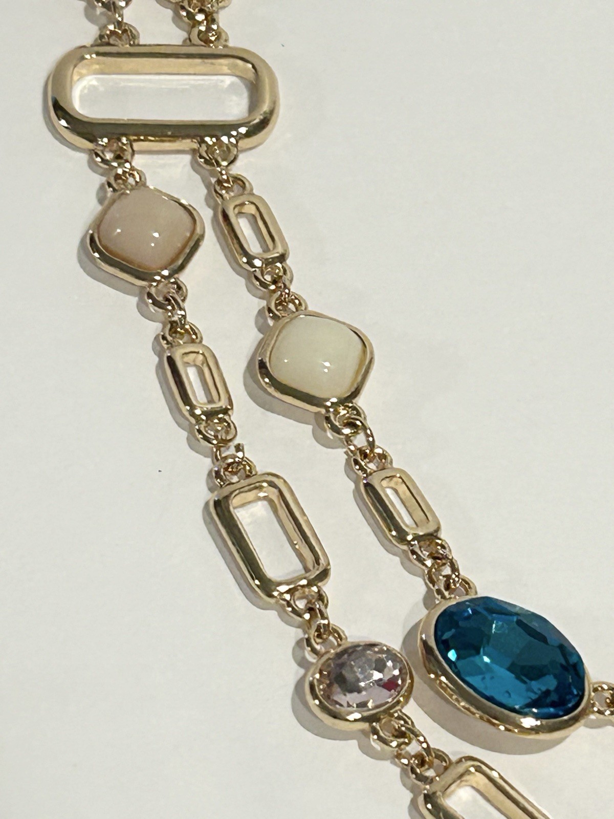 Gold Tone Double Chain Necklace With Man made London Blue Topaz