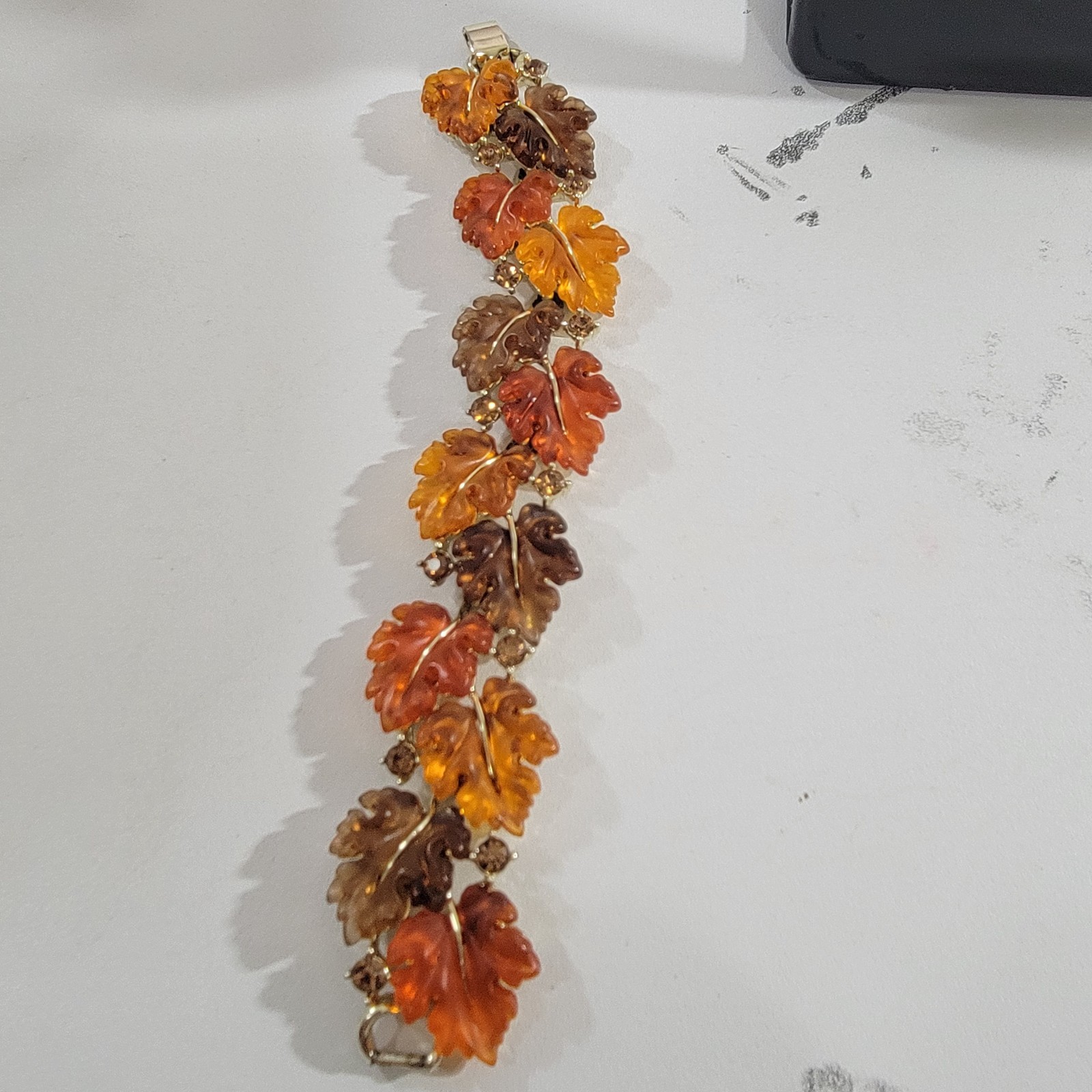 Lisner Autumn Leaf Lucite Rhinestone Set Amber Topaz Necklace Bracelet Earring