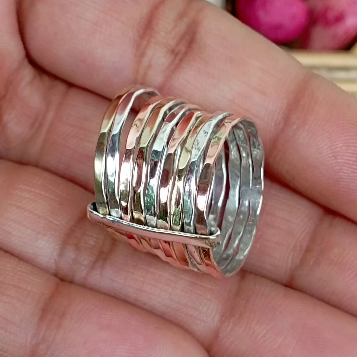 Set 9 Mix Copper Brass Silver Band Hammered Dainty Stacking Jewelry Ring Gift