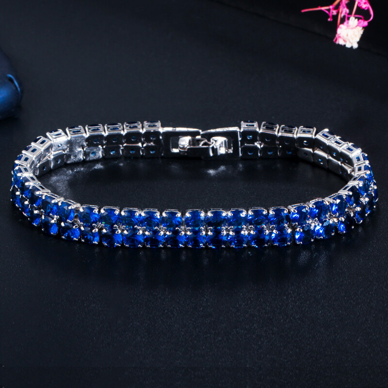 CWWZircons 2 Row Round Silver Plated Cubic Zirconia Green Women Tennis Bracelet