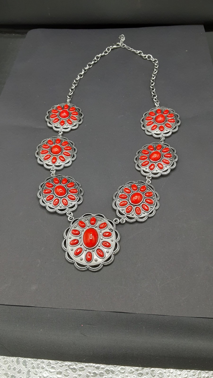 Red Howlite Necklace & Earrings Black Oxidized Silvertone, Stainless Steel 22In