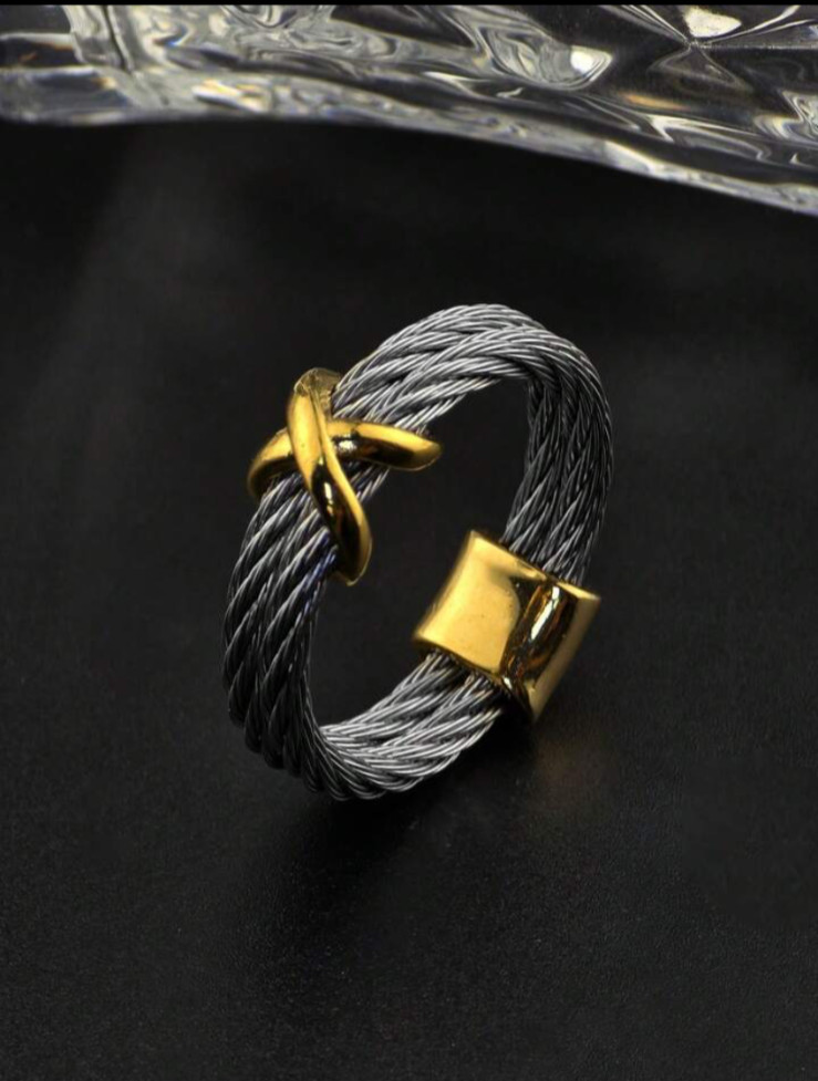 Contemporary Stainless Steel Cable Ring Gold Crisscross Accent