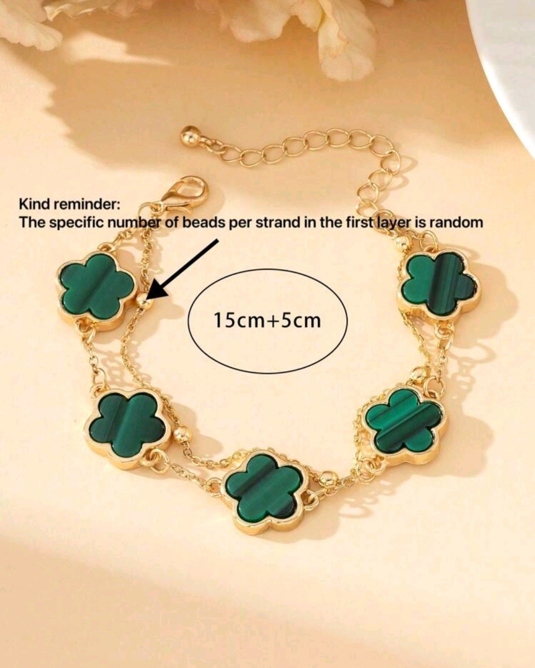 Gold-Tone Adjustable Cable Chain Green Clover Dangle Charm Bracelet 15cm+5cm