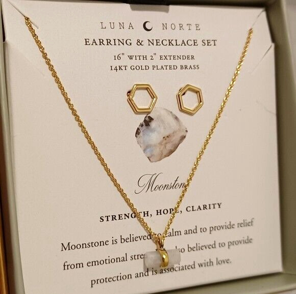 Luna Norte Necklace Stud Earrings Set Moonstone Pendant/Hexagon 14K Gold-Plated
