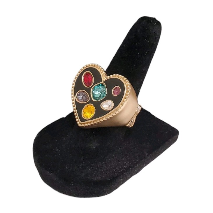 Estate Gold-Tone Black Enamel Multi-Color Glass Stone Heart Stretch Ring Size 7