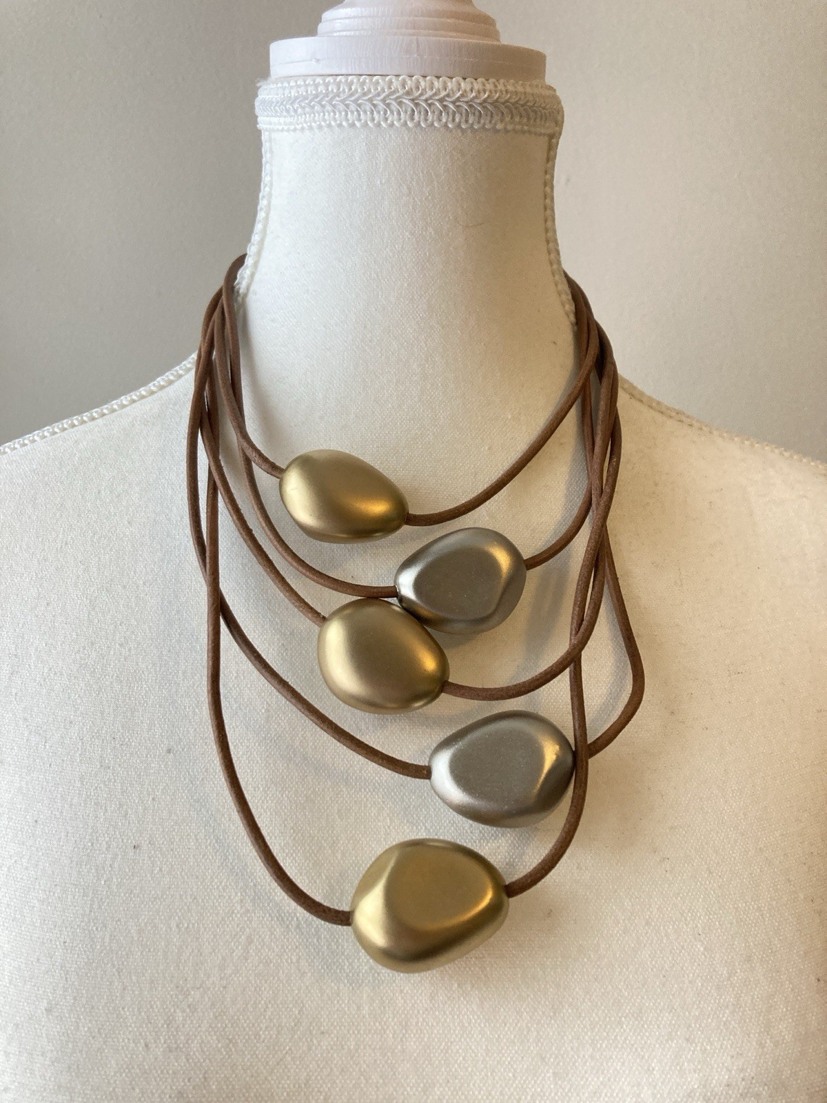 Chunky Pebble Bead Necklace Brown Cord Gold Silver Tone Modern Artsy Magnetic