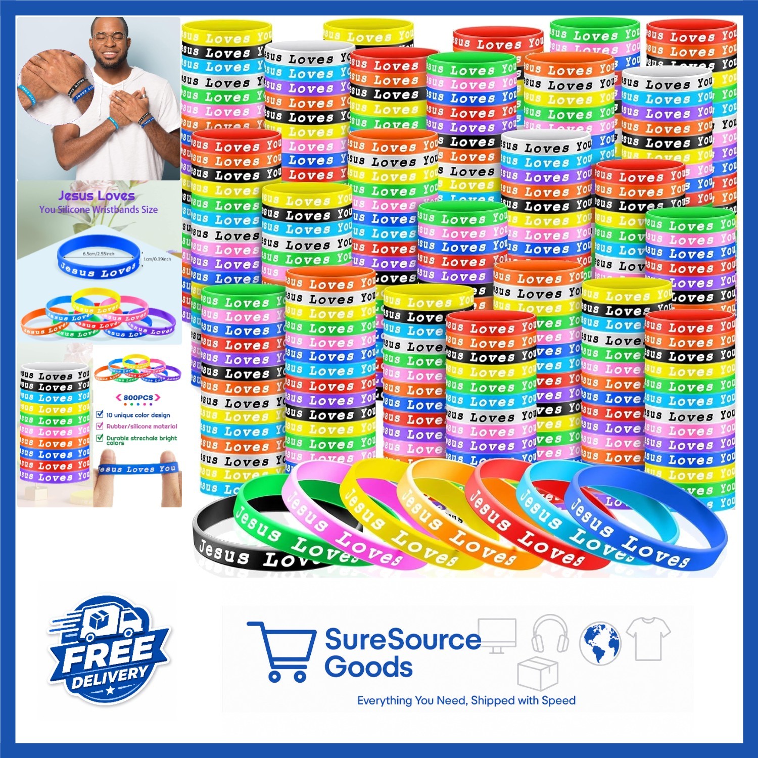 Assorted Colorful Jesus Loves You Silicone Bracelets for Teens Adults 10 Count