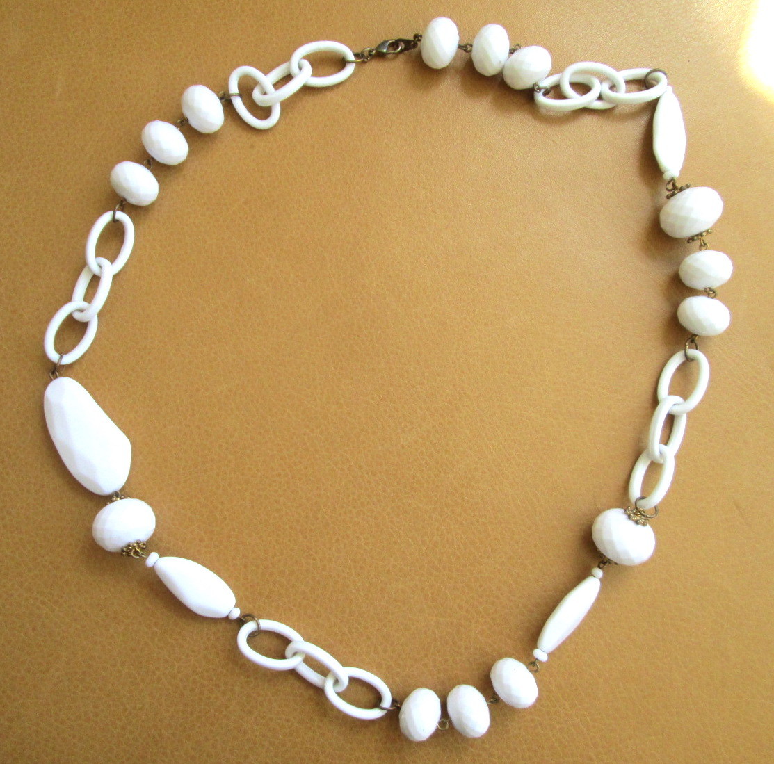 All White Bead Necklace ~Strand plastic diff shapes 7 sizes of beads,14″ length