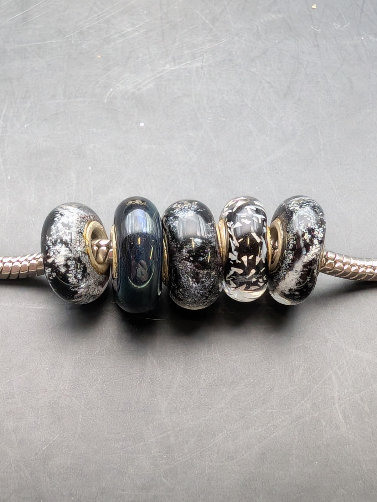 5 Black Silver Dichroic big hole european glass beads silver Core handmade #283