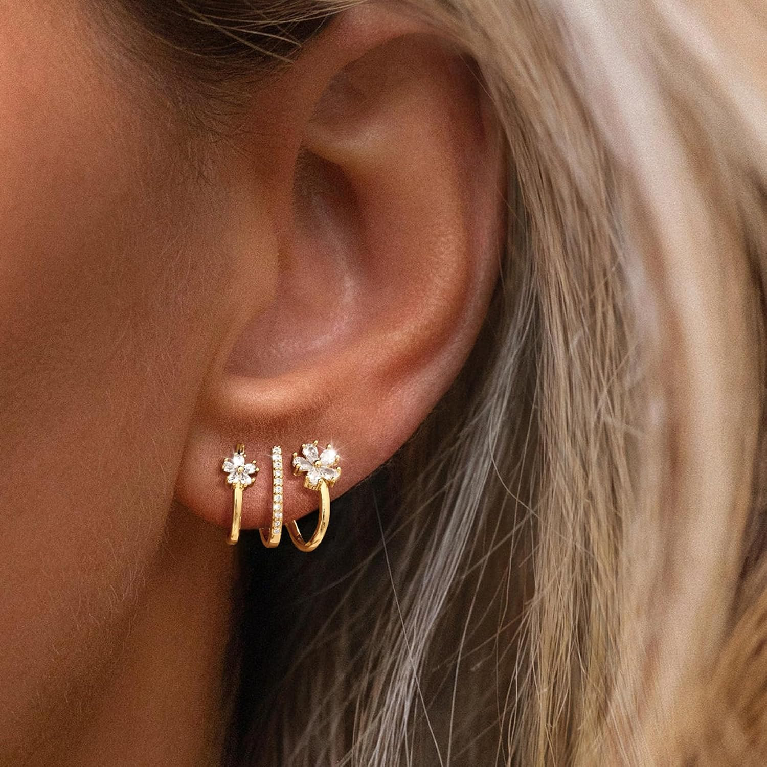Triple Illusion Huggie Stud Earrings, 14K Gold Plated Trendy Flower Huggie Hoop
