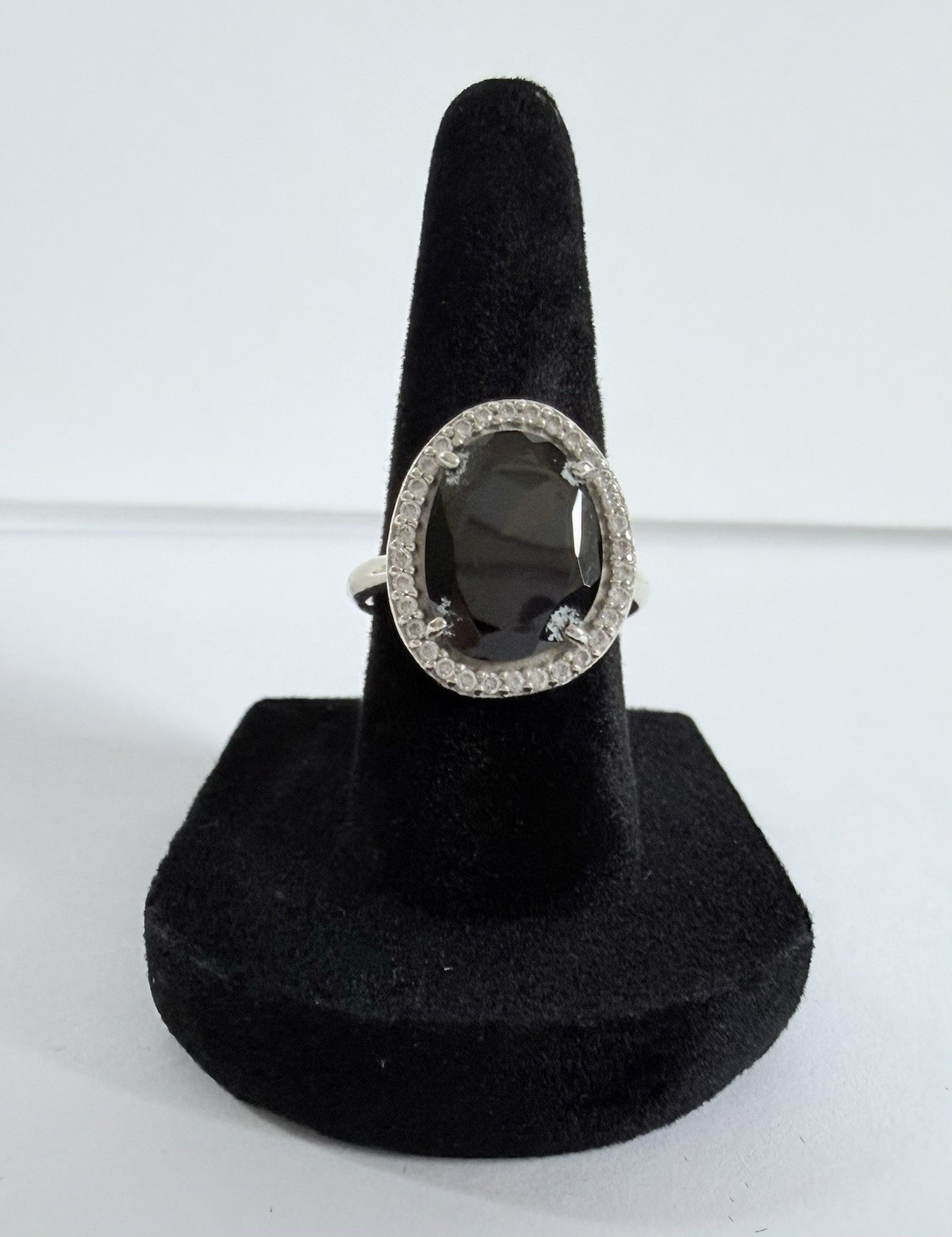 Pandora 925 Sterling Silver Black Oval CZ Halo Stackable Ring Size 52