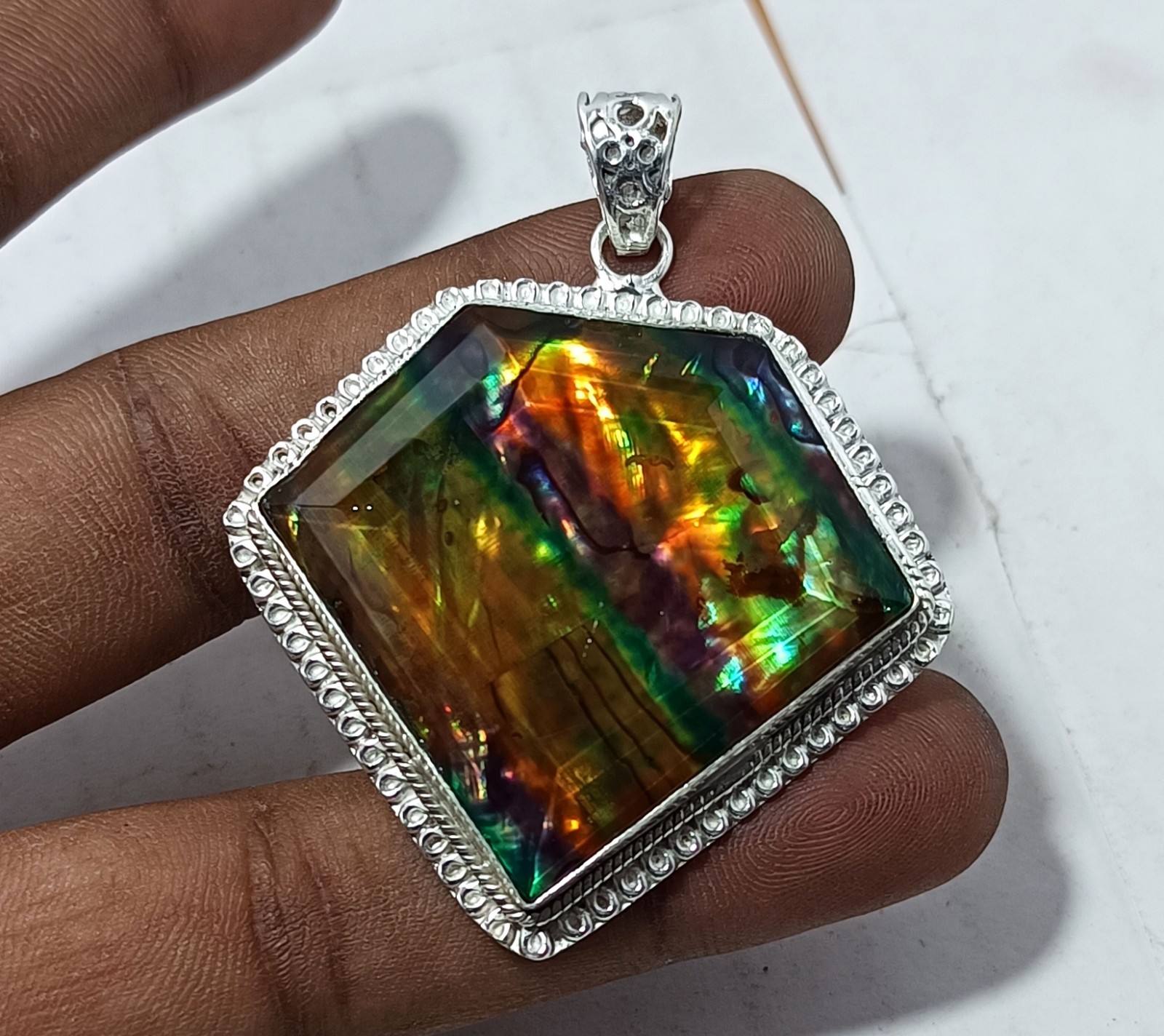 107.50 Ct Natural Ammolite 925 Solid Silver Rainbow PENDANT Certified Gemstone