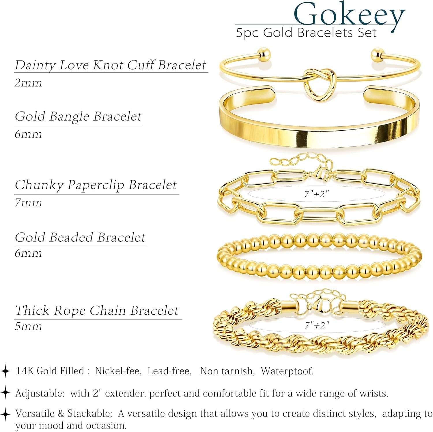 Gokeey Gold Bracelets Set for Women Non Tarnish, Waterproof 14K Gold Plated Ster