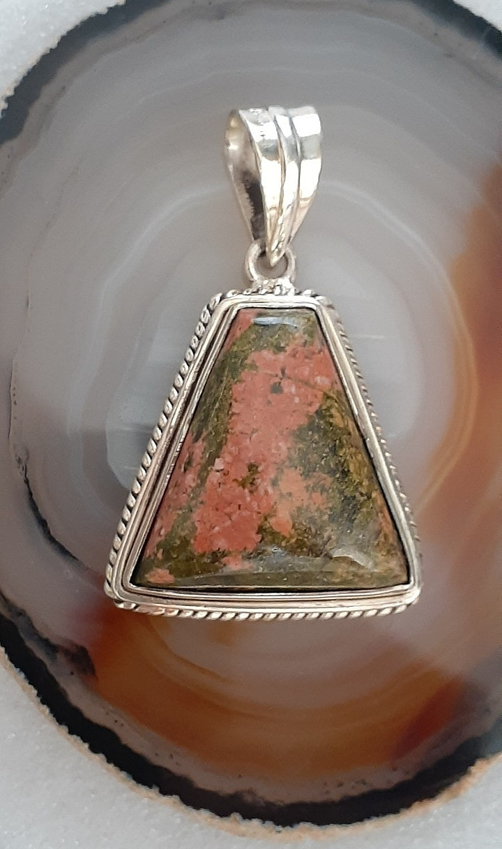 1.75″ Triangular Unakite & Sterling Gemstone Pendant