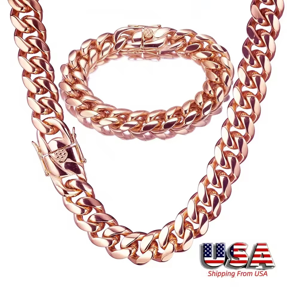 14mm Rose Gold Cuban Link Chain Necklace 316L Stainless Steel Miami Hip Hop