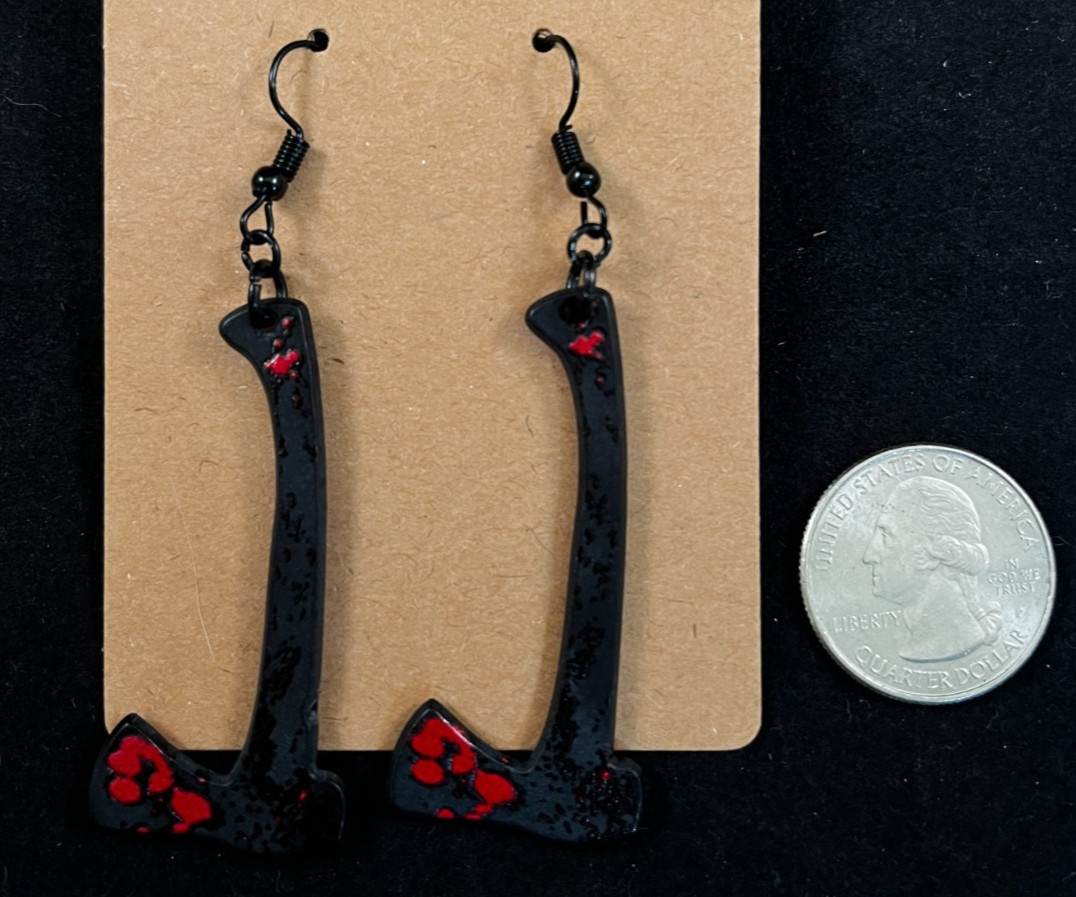 Bloody Axe Earrings – Dangle – Black Hooks – Serial Killer – Halloween -Handmade