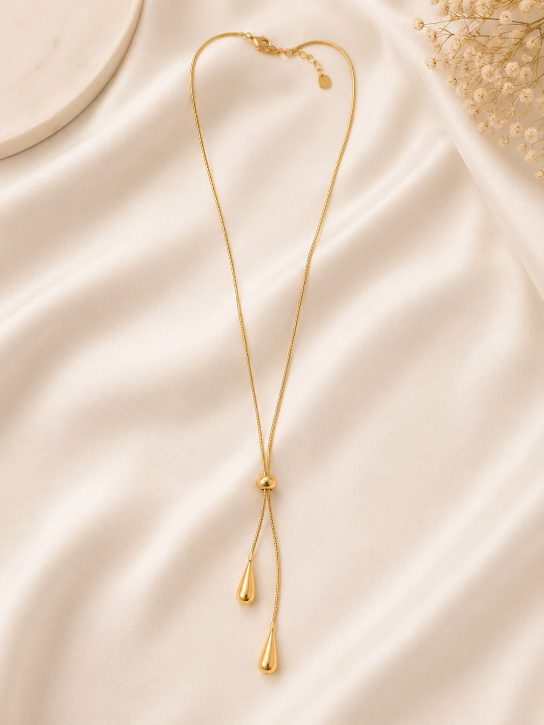 Gold Tone Adjustable Lariat Necklace Teardrop Tassel Drop, Snake Chain