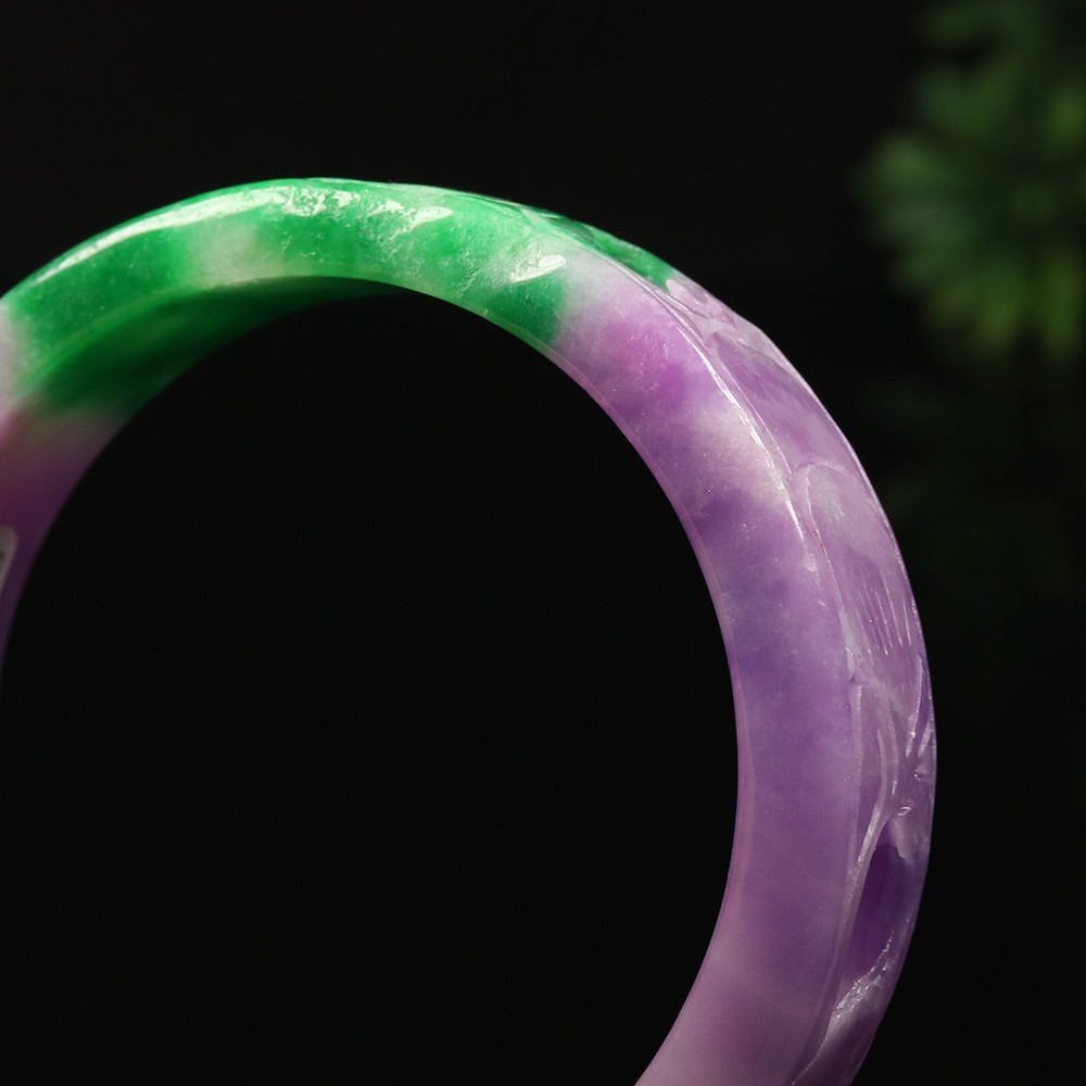 60mm Lavender Purple Green Jadeite Jade Bangle Bracelet Ruyi Flower Bat A-15045