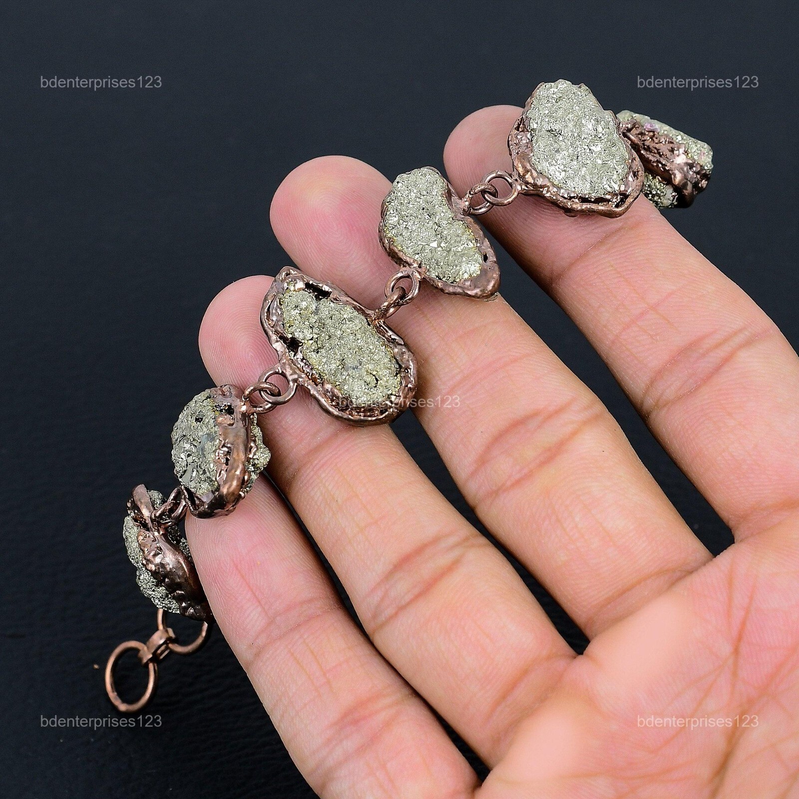 Copper Pentagon Solar Chakra Pyrite Rough Gemstone Chain Electroformed Bracelet