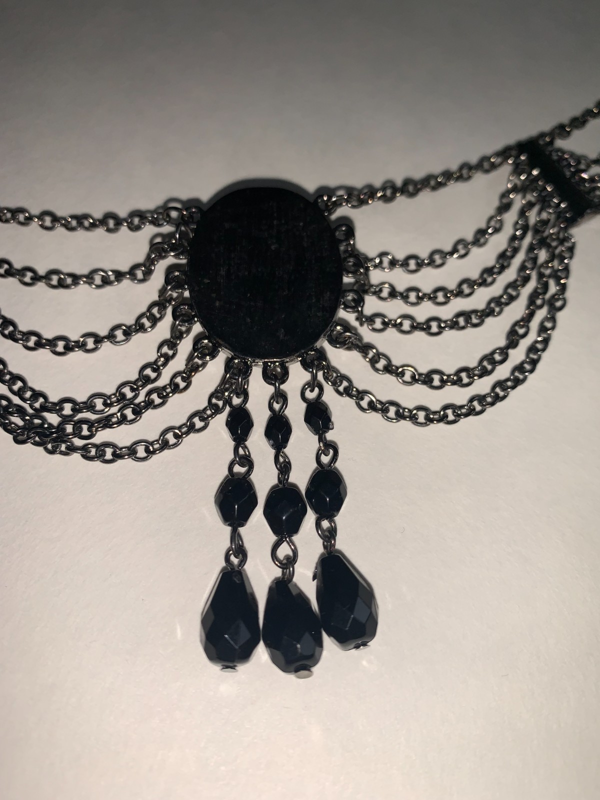 Gothic Gunmetal Multi Chain Choker Black Faceted Pendant Victorian Necklace
