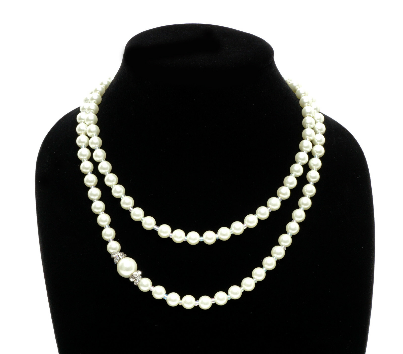 White Faux Pearl Necklace 38″ w Clear Beads Trending Style
