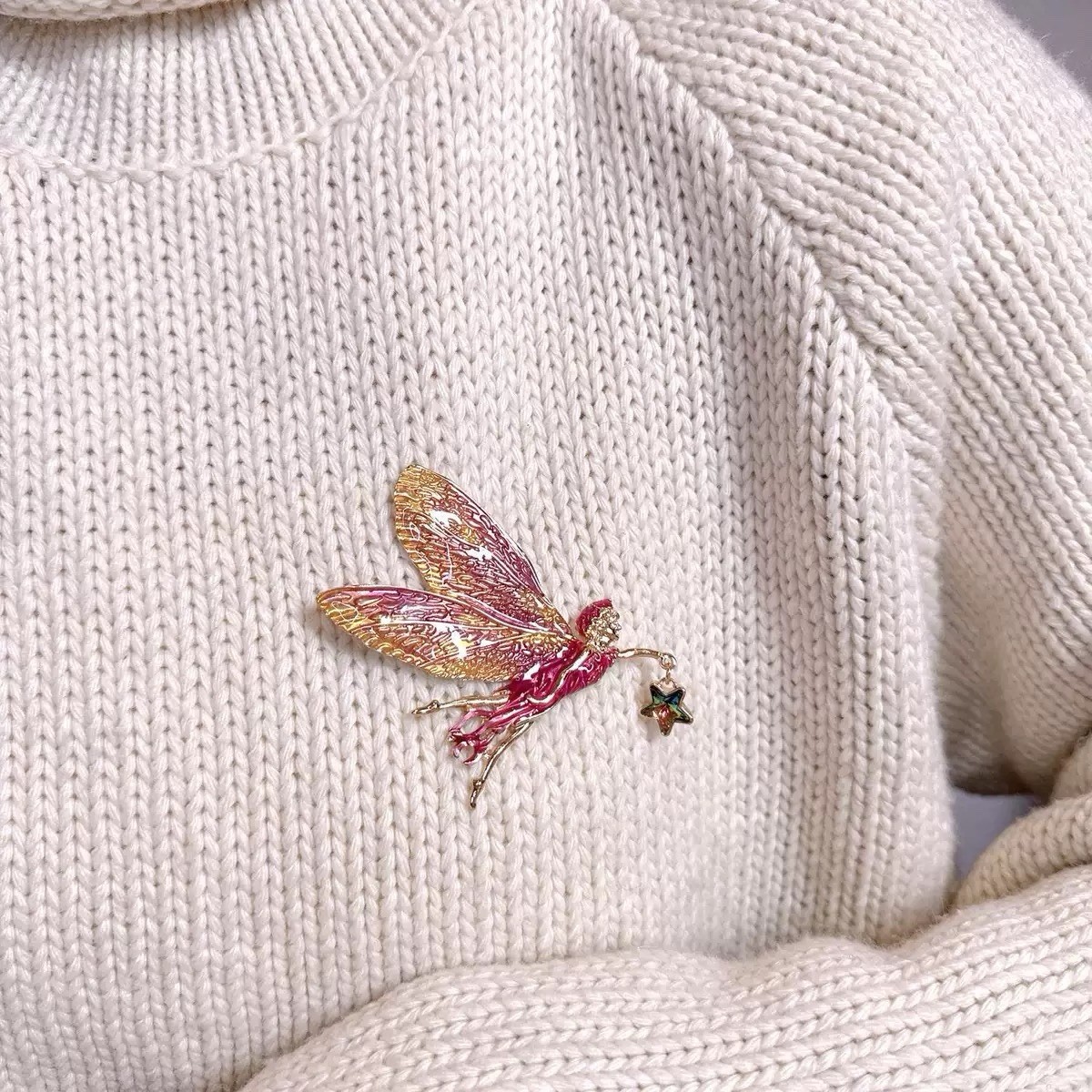 Vintage-Inspired Enamel Fairy Brooch Pendant Pink Wings Moon Star Gold Tone Pin