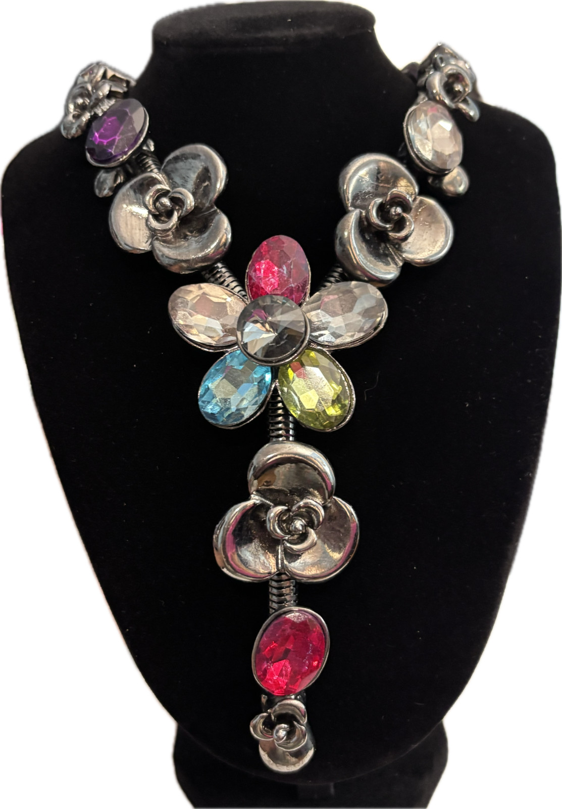VTG Gunmetal Gray Snake Chain Choker Floral Statement Necklace Multicolor Stones