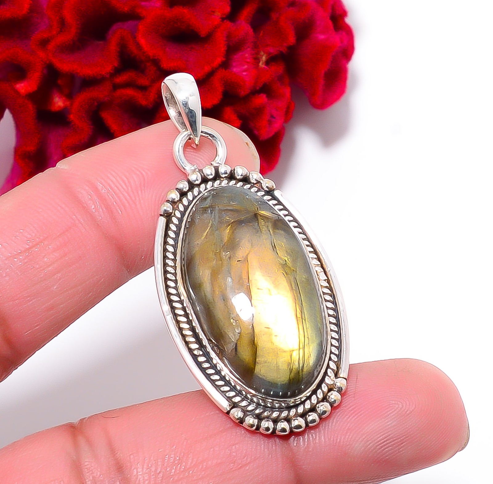 Golden Labradorite – Madagascar Handmade 925 Sterling Silver Pendant 1.95″ P9632