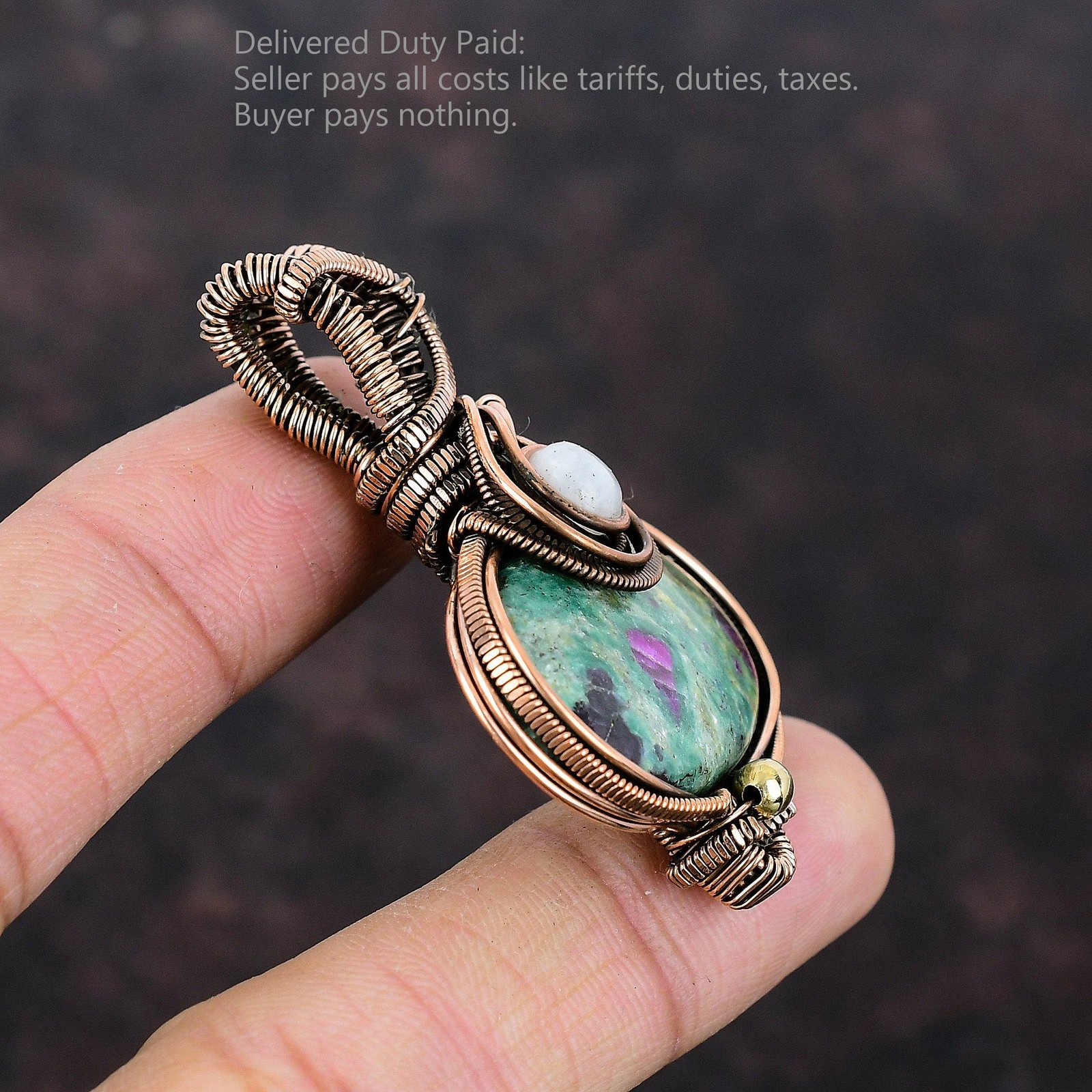 Oval Ruby Fuchsite Stone Rainbow Moonstone Copper Wire Wrapped Pendant Jewelry