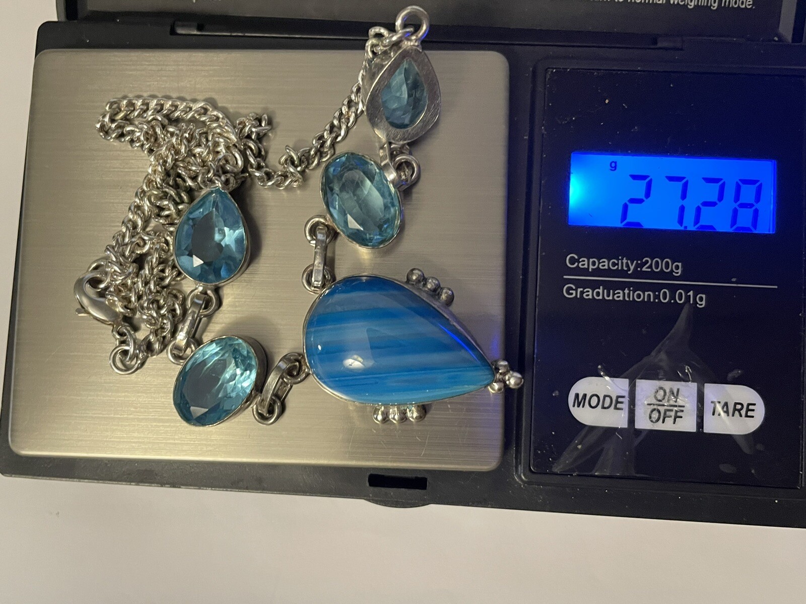 STERLING SILVER 925 NECKLACE 17″ Teardrop Blue gems 27 grams