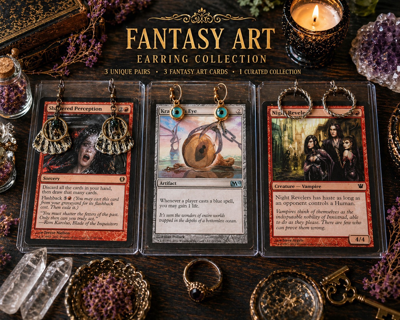 Witchy Gothic Earrings Set Fantasy Art Display Magic Cards Jewelry Bundle Gift